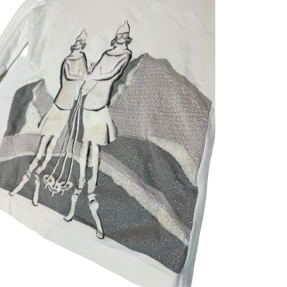 Escada Sport White Ski Graphic V-Neck Long Sleeve Top Glitter Accents XS Greece - Picture 3 of 7